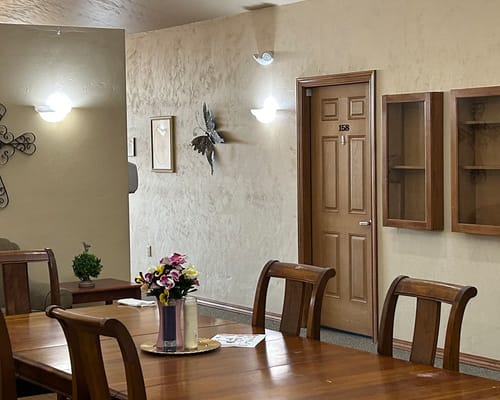 Cozy interior dining area with wooden tables