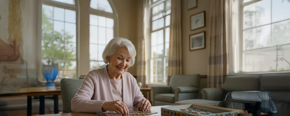 A senior woman enjoying a puzzle in a bright room