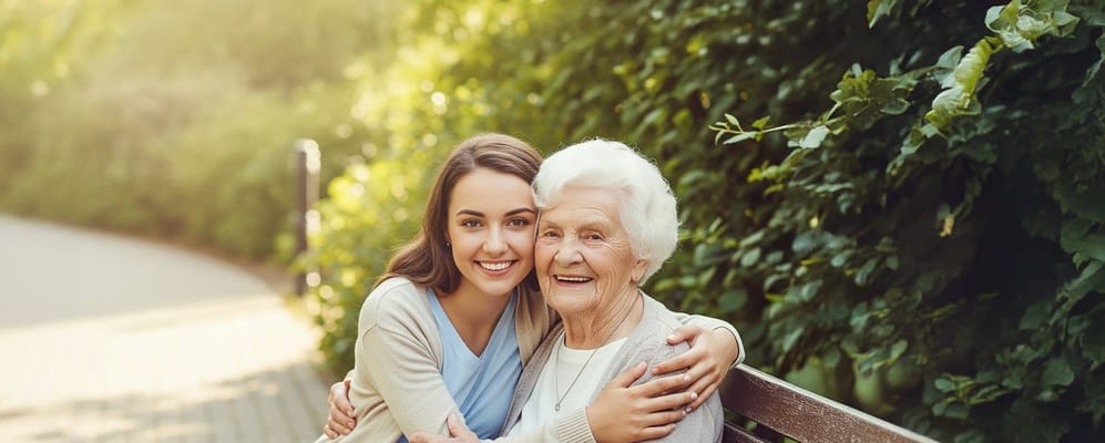 A young woman and elderly resident smiling on a bench