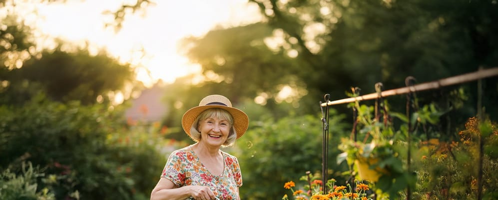 An elderly woman in a garden, smiling