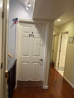 A resident room door with name and decorations