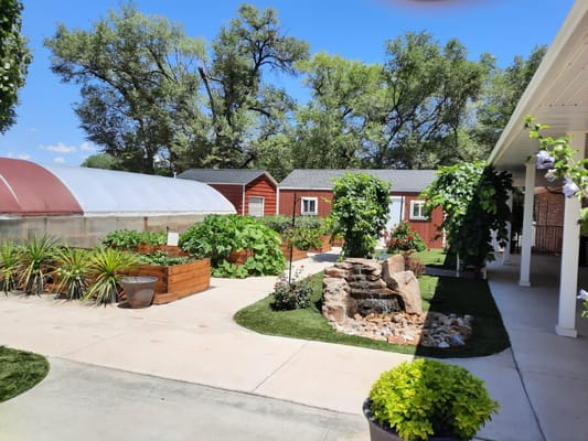 Garden area with greenery and a small water feature