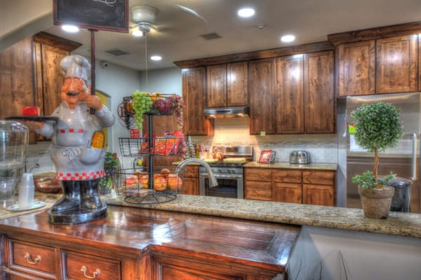 Bright and inviting kitchen area with fruits and snacks