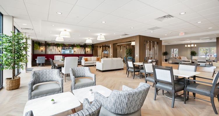 Bright and spacious common area with seating