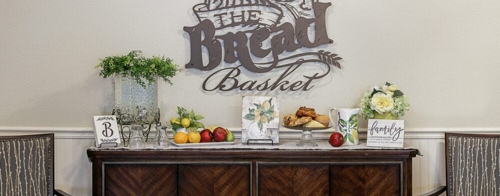 Decorative display in the common area with food and flowers