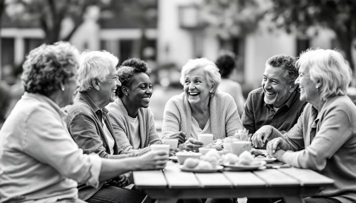 Seniors enjoying a meal and conversation outdoors
