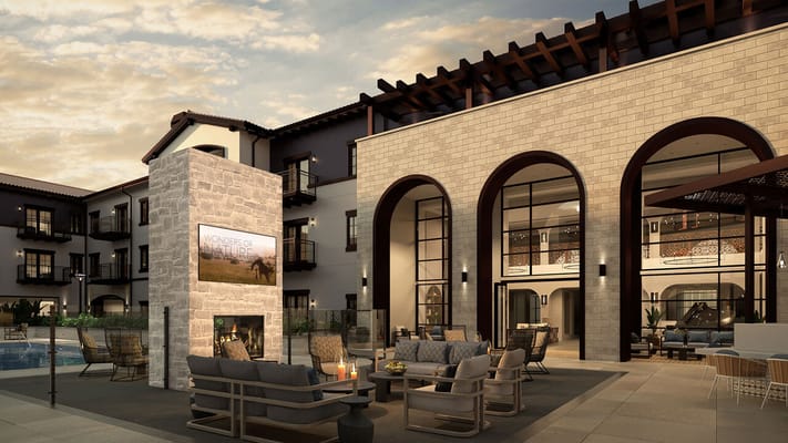 Outdoor view of a stylish patio area with seating