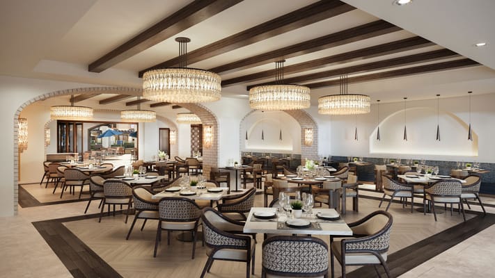 Elegant dining area with sparkling chandeliers