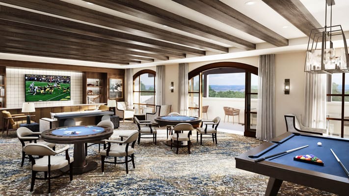 Interior of a common area with gaming tables