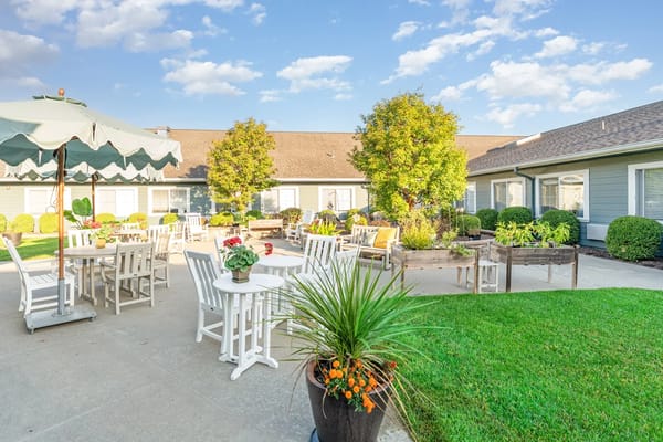 Outdoor courtyard area with seating and plants