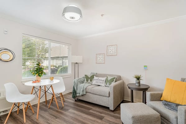 A cozy living room with modern furniture and decorative elements