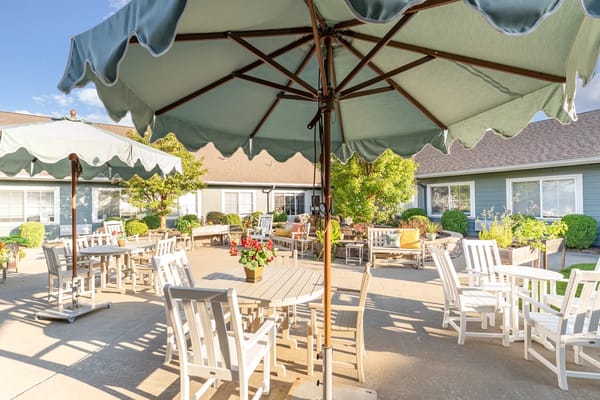 Outdoor seating area with umbrellas and flower planters
