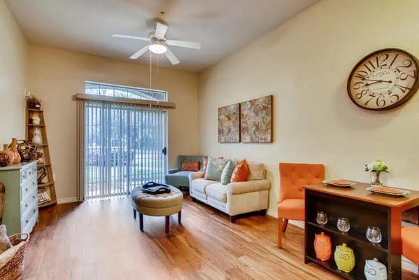 Bright living room with comfortable seating and decor