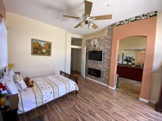 A spacious bedroom with a bed, decorative wall art, and a television.