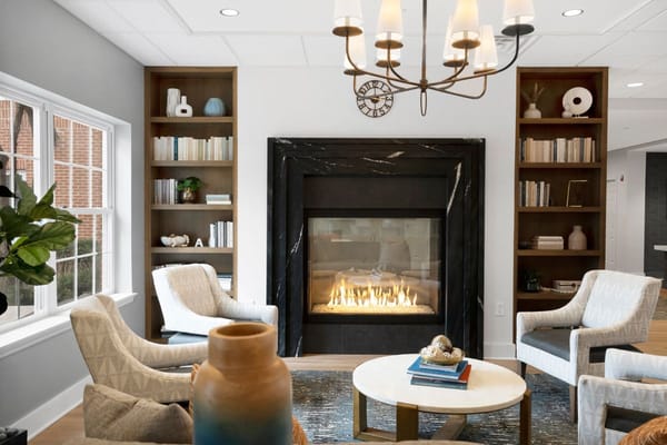 Cozy lounge area with a fireplace and bookshelves
