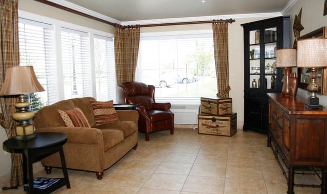 Cozy, well-lit lounge area with comfortable seating