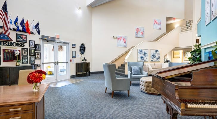 Bright lobby area with furniture and decor