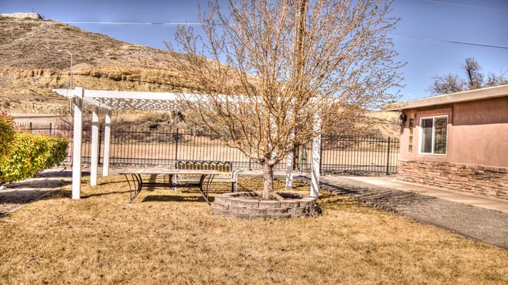 Outdoor space with shaded seating area