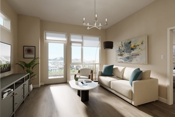 Bright and modern living room in a senior facility