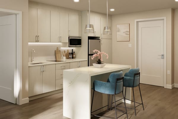 Modern kitchen area with seating and decorative plants