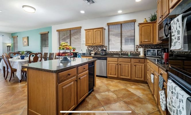 Bright kitchen area with dining space