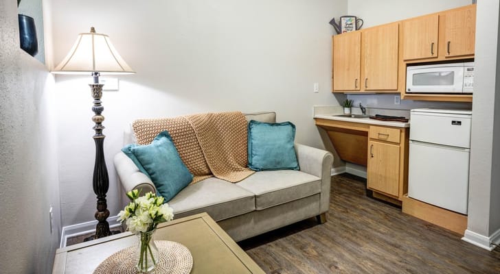 Cozy assisted living room with kitchen area
