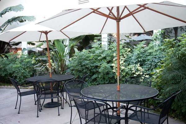 Outdoor patio with tables and umbrellas surrounded by greenery