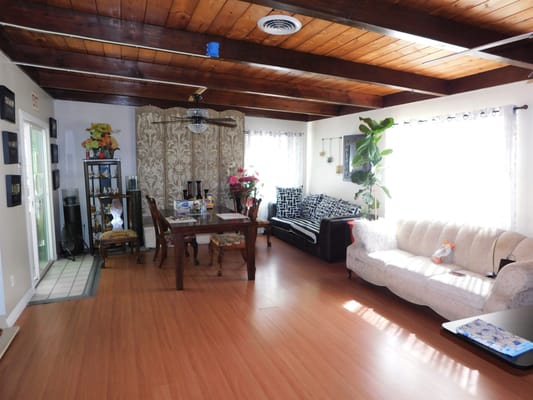 Spacious living room with wooden ceiling and abundant natural light