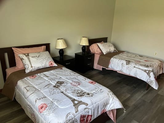 Two twin beds with decorative covers and bedside lamps in a shared bedroom.