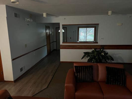 Interior view of a common area with seating