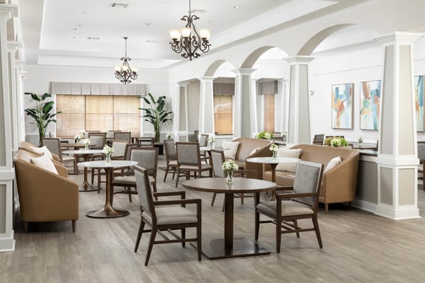 Bright common area with seating and decor