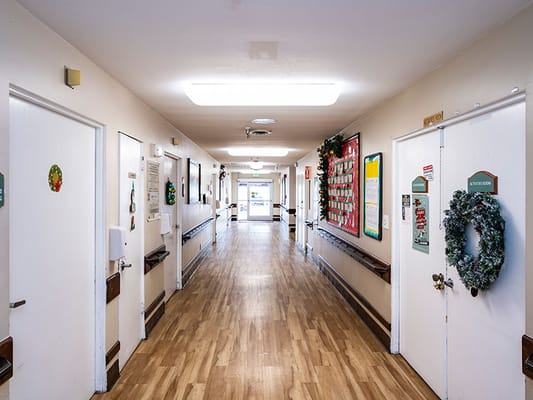 Interior view of a hallway with doors and holiday decorations