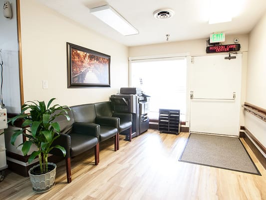 Interior view of a lobby area in a senior care facility