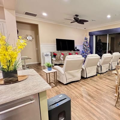 A cozy living room with reclining chairs and a Christmas tree.