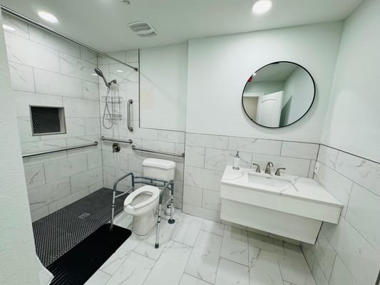 Accessible bathroom with modern fixtures and safety features