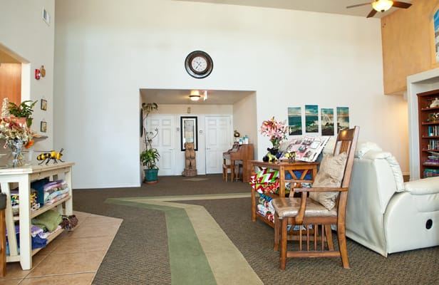 Interior view of a cozy common area with seating