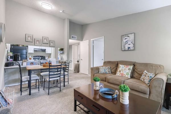 Cozy interior of a senior living apartment with seating area