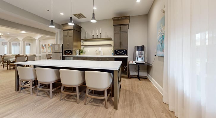 Modern dining area with a spacious kitchen island