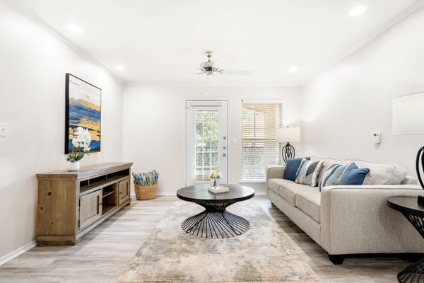 Bright living room with a sofa, coffee table, and decorative accents.