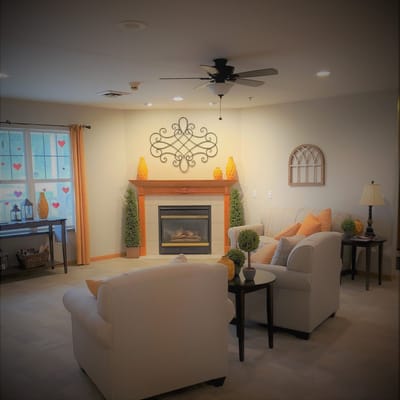 Comfortable living room with fireplace and seating area