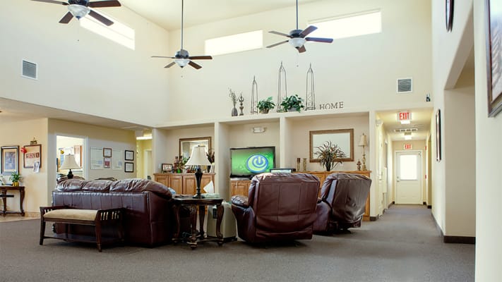 Interior view of a comfortable common area in a senior living facility