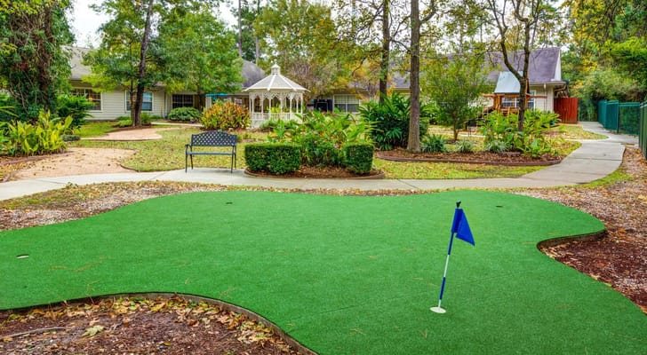 Mini golf area with green turf and a blue flag in the garden