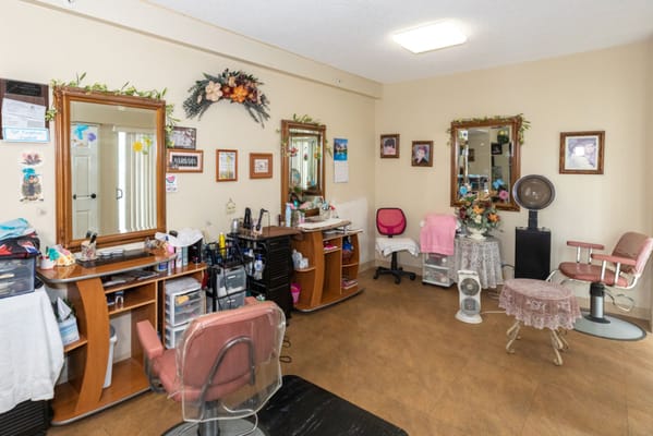 Interior of a hair salon with styling stations