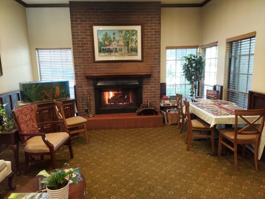 Cozy lounge area with a fireplace, fish tank, and seating