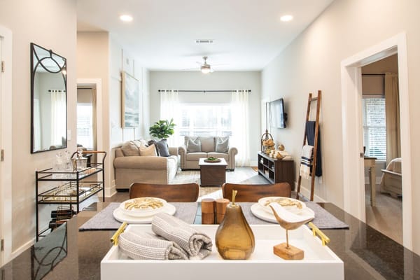 Cozy living room with modern decor and natural light
