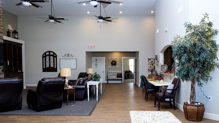 Interior view of a common area with seating and decor