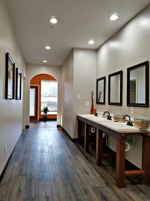 View of a well-lit hallway with mirrors and a plant