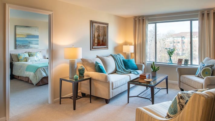 Cozy living room in a senior living community apartment