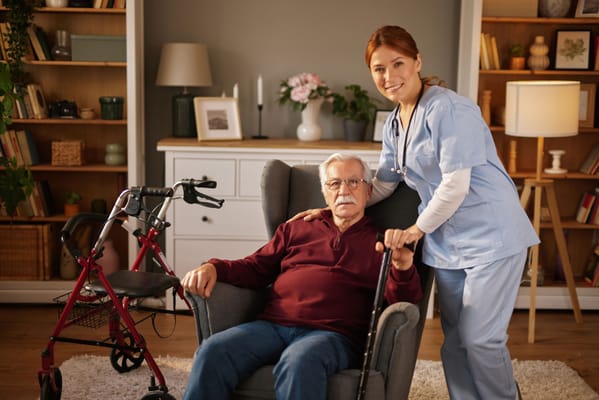 A caregiver with a resident in a cozy living room