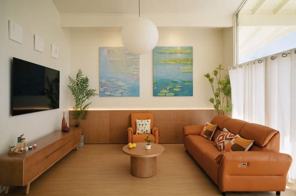 Bright common area with modern decor and artwork